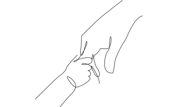 Baby child holding adult hands continuous line drawing. Vector illustration on white background
