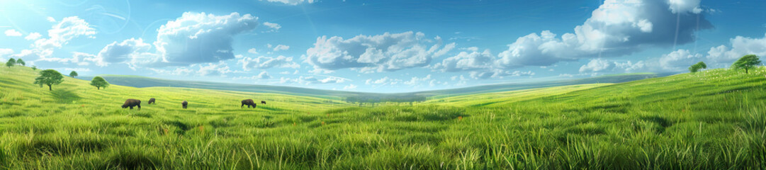 Obraz premium Grassland Prairie: A sweeping grassland prairie with tall grasses, grazing bison, and a wide open sky.