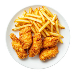 Crispy chicken strips with French fries in a white plate top view isolated on transparent or white background