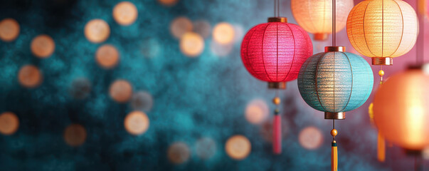 Fototapeta premium Brightly lit festival lanterns hanging against blurred background create vibrant atmosphere, perfect for celebrations and gatherings. colorful lanterns add festive touch to any occasion