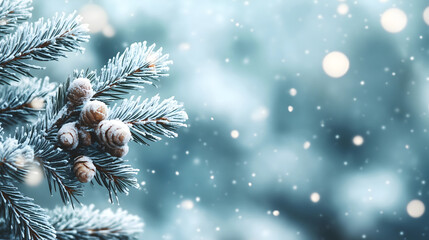 Winter Wonderland Snowy Pine Cones Frosted Branches Sparkling Snowflakes Blue Background
