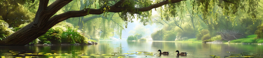 Riverbank: A tranquil riverbank scene with a meandering river, overhanging willow trees, and a family of ducks swimming