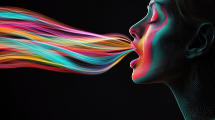 Whispers of the Mind: A whispering figure with colorful abstract thoughts swirling out of the mouth, showing how delicate thoughts, when spoken, take form and carry power in the world