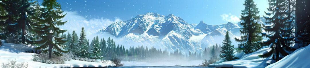 Fototapeta premium Snowy Mountain Peak: A snow-capped mountain peak scene with evergreen trees, a clear mountain stream, and a crisp, cold air