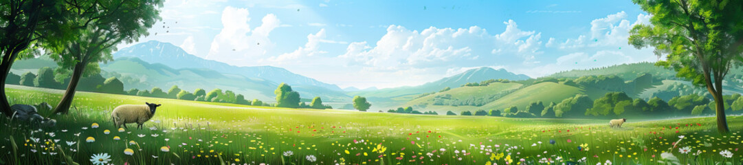 Fototapeta premium Countryside Meadow: A peaceful countryside meadow scene with rolling hills, wildflowers, and grazing sheep