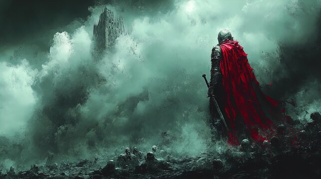 A lone knight, clad in dark armor and a striking red cape, stands amidst a desolate, foggy landscape. The knight gazes toward a distant, towering fortress shrouded in dense, swirling clouds. The groun