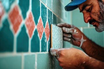 A technician is installing tiles on the wall. Generative AI.