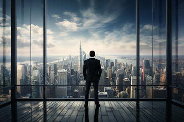 Fototapeta premium Business man in suit in office looking at modern city with skyscrapers through panoramic window