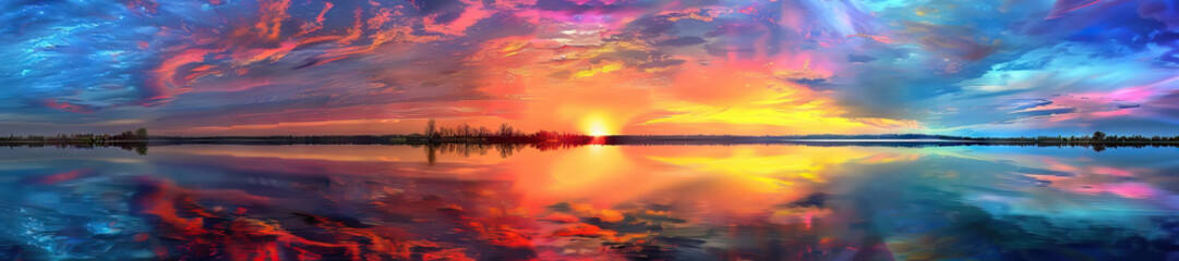 Sunset Over Lake: A breathtaking sunset over a tranquil lake, with colorful skies reflecting on the water's surface