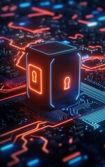 A futuristic digital lock concept set against a vibrant, technological background, representing data security and innovation.