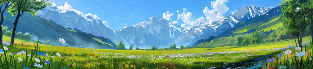 Fototapeta premium Alpine Meadow: An alpine meadow scene with blooming wildflowers, snow-capped peaks in the distance, and a clear mountain stream
