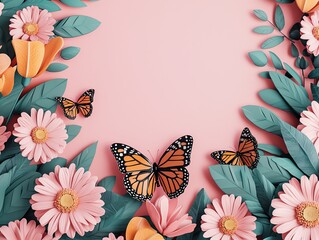 Colorful paper flowers and butterflies on a pink background, vibrant and artistic.
