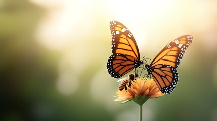 Obraz premium Two monarch butterflies perched on a vibrant flower in natural sunlight.