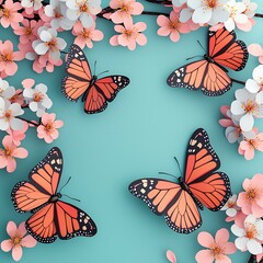 Butterflies and blossoms arranged beautifully on a turquoise background.