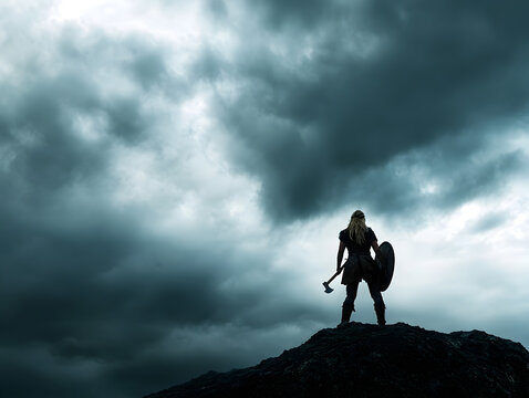 A mighty Viking shieldmaiden, gripping her shield and axe, standing tall on a rocky outcrop as the storm clouds gather around her, ready to defend her village. Viking shieldmaiden ready for battle.


