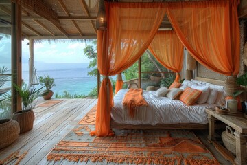 Tropical Bedroom A bedroom with a canopy bed, tropical plants, and bright textiles. Include a view of the ocean and natural materials