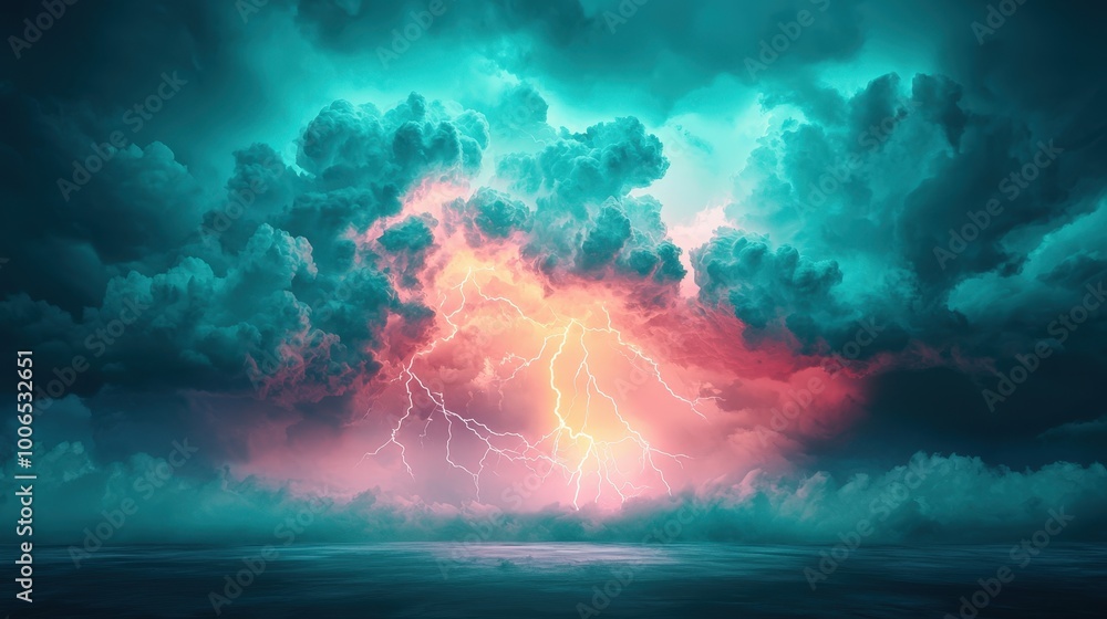 Poster a breathtaking view of a thunderstorm showcasing vibrant lightning striking through dynamic clouds, 