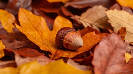Tranquil Beauty of Autumn: Close-up Acorn Among Vibrant Fall Foliage