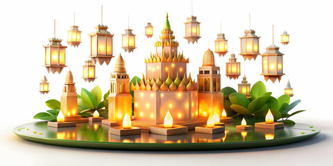 Obraz premium 3D Loy Krathong Festival Icon with Glowing Lanterns Isolated on White Background - Magical Celebration of Thai Heritage and Tradition