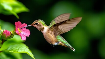 Colorful Hummingbird Hovering Near Vibrant Flower in Lush Garden