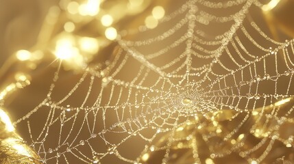 Sparkling Raindrops on Spider Web Threaded Across Golden Leaf - Macro Nature Photography