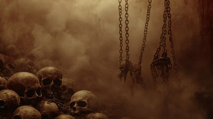 A pile of skulls in a foggy, dimly lit setting with chains hanging from above.