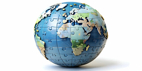 Interlocking Policy Puzzle Globe Concept - Detailed Icons Representing Global Policies with Zoom Effect - Isolated on White Background for Global Policy Information