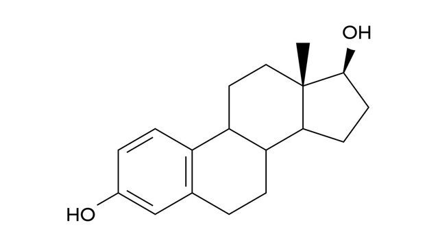 estradiol molecule, structural chemical formula, ball-and-stick model, isolated image estrogen steroid hormone