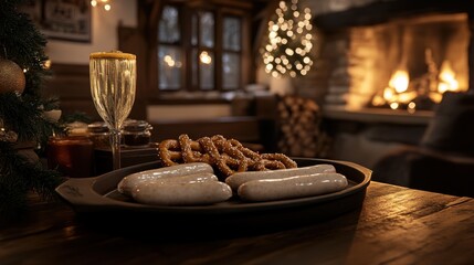 Traditional Bavarian meal with white sausages, mustard, and pretzels on a festive table