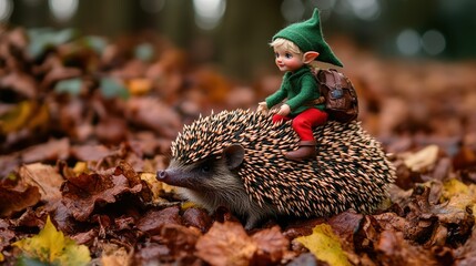 A whimsical illustration of a little elf joyfully riding a hedgehog through a lush green forest. The elf, with pointed ears and a playful smile, is adorned in colorful attire