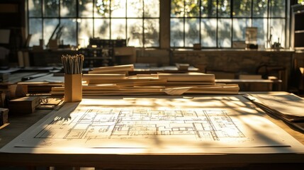 Obraz premium Detailed floor plans spread out on a drafting table with a natural backlight from a nearby window, highlighting the precision of the hand-drawn lines and design notes. The high-definition photo