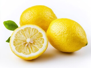 Ripe Lemon Sliced in Half on a White Background with Green Leaves