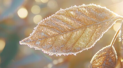 Serene Frost: Close-up of Delicate Ice Crystals on Brown Leaf in Early Morning Glow