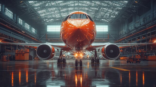 Private jet airplane at the huge white hangar waiting for maintenance and repair jobs. Expensive and luxury trip is waiting after a passengers. Business jet prepared for departure. Luxury life