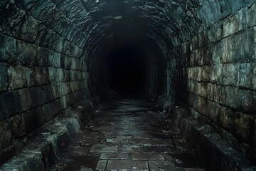 Mysterious dark tunnel passage through ancient stone cave archway offering an adventurous into the unknown depths of the underworld  This moody ominous scene evokes a sense of adventure discovery