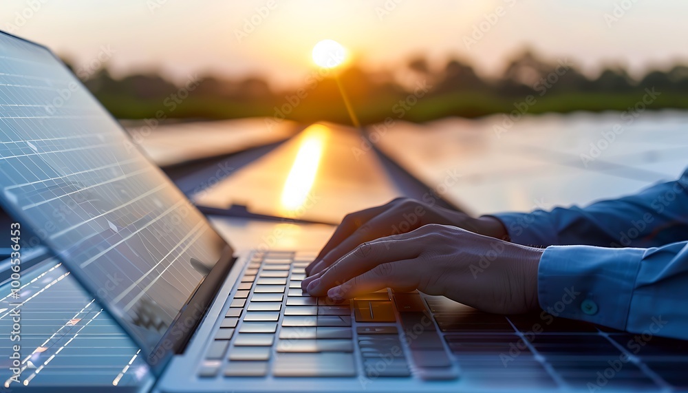 Poster engineer typing on laptop with solar panels in background