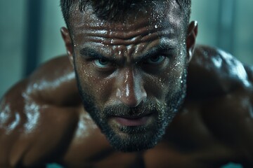 Obraz premium An athlete's determination is evident as he intensely focuses during a challenging exercise, sweat visible on his skin, a testament to his dedication and strength.