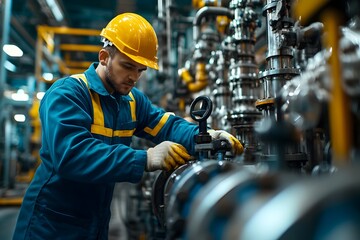 Oil factory worker in protective uniform inspecting and maintaining complex industrial machinery and equipment in a large manufacturing plant or production facility