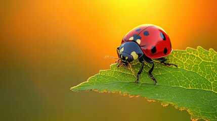 Fototapeta premium A colorful ladybug perched on a leaf against a stunning sunset background. This serene image captures the beauty of nature and insect life. Perfect for nature-themed projects