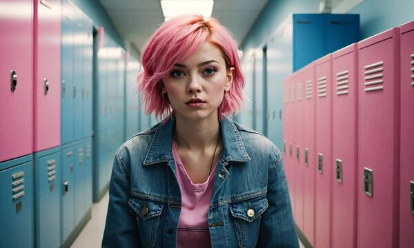 Amidst a backdrop of pink and blue lockers, a young woman confidently walks through her high school, showcasing her vibrant hairstyle and fashion sense while reflecting on her individuality