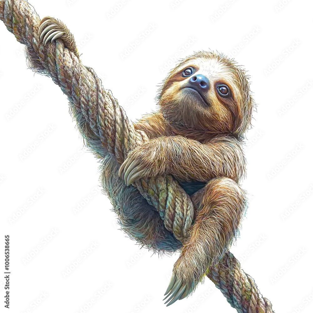 Poster Sloth lies and rests on a big branch isolated on white background 