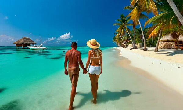 A couple walks hand in hand on a breathtaking beach, surrounded by swaying palm trees and crystal-clear waters, capturing the essence of paradise