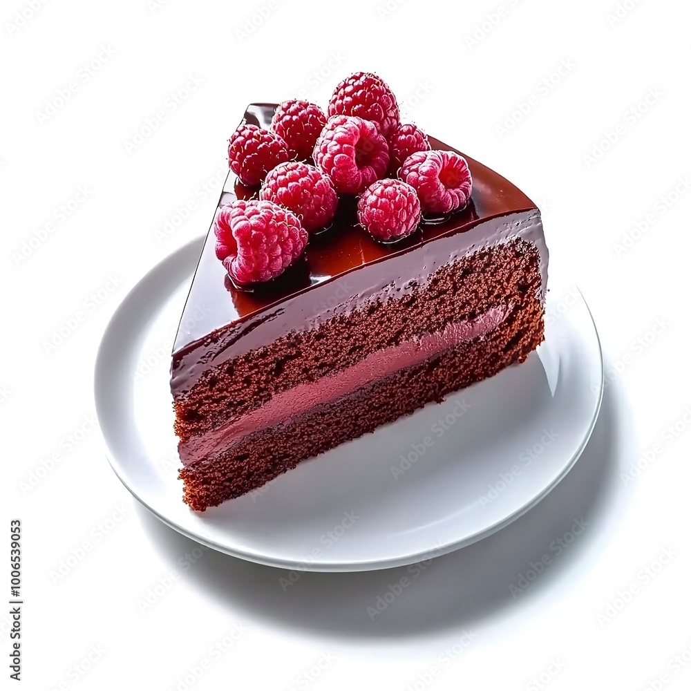 Wall mural Slice of chocolate cake with raspberries isolated on white background  