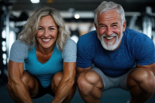 An inspiring older couple beams with joy and vitality while completing their workout in the gym, embodying health and active aging in modern fitness culture.