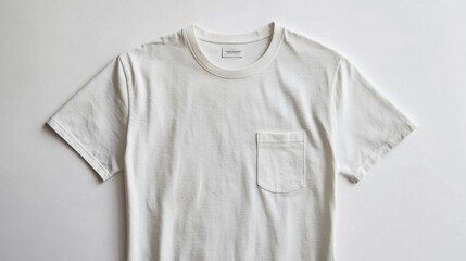 A sleek men t-shirt featuring a pocket detail, isolated on a bright white backdrop, showcasing contemporary design elements