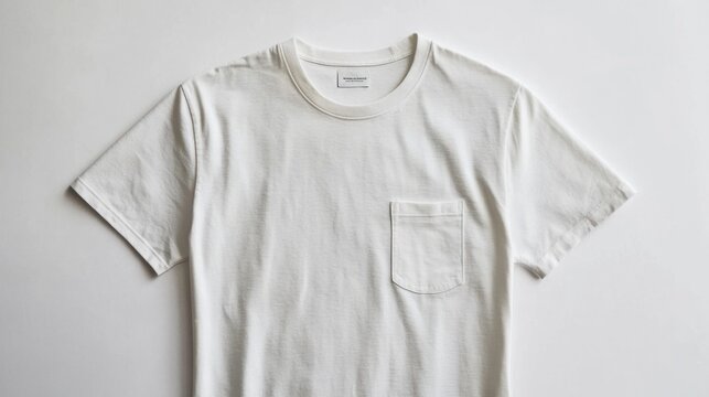 A sleek men t-shirt featuring a pocket detail, isolated on a bright white backdrop, showcasing contemporary design elements