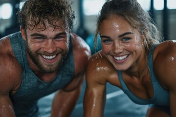 Obraz premium After a successful training session, two companions radiate joy and express a glowing sense of achievement, embodying the positive effects of physical activity.