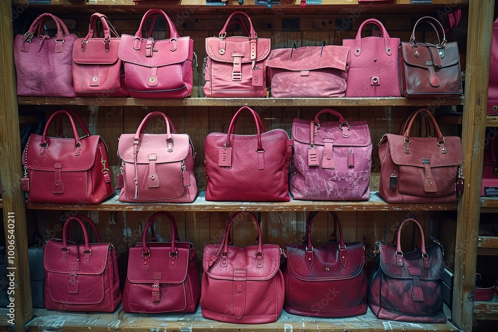 Aufkleber a row of red purses are displayed on a shelf