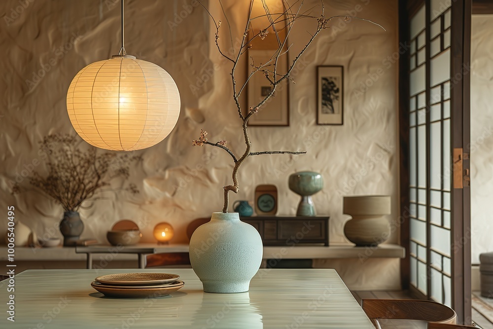 Poster a vase with a branch in it sits on a table in a room with a white wall