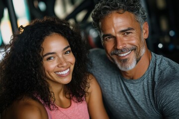 This image captures a happy duo reflecting on their post-workout success, symbolizing harmony, teamwork, and the positive impact of fitness on relationships.